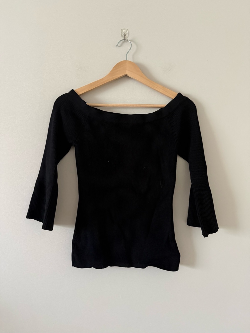 Gabrielle Union NY & Co Black Off-Shoulder Ribbed Sweater 3/4 Flare Sleeve- XS